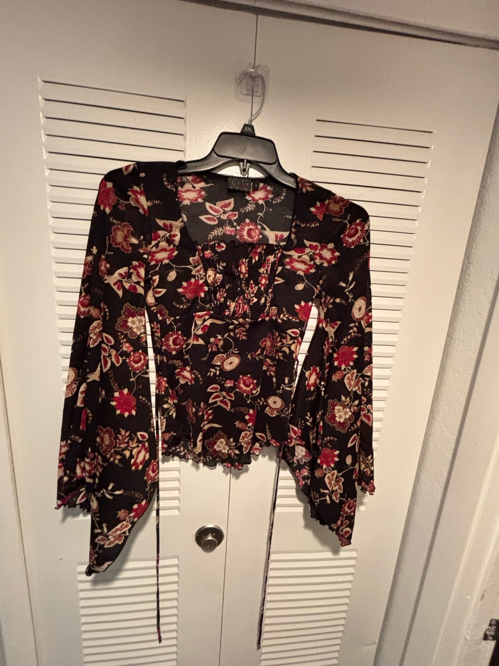 MCM Black Floral Smocked Long-Sleeve Blouse with Ties